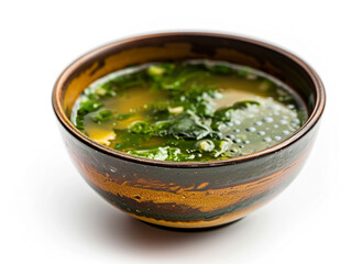 Miso soup isolated on white background. It is a traditional and well-known Japanese food.
