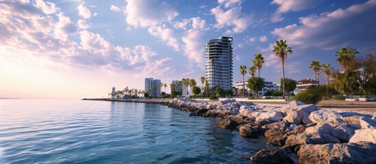 High rise buildings on Limassol beachfront Cyprus. with copy space image. Place for adding text or design - obrazy, fototapety, plakaty