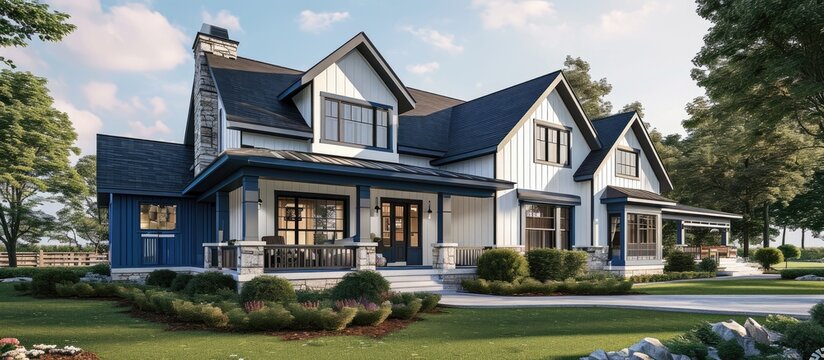 Modern Farmhouse with white and blue details. with copy space image. Place for adding text or design