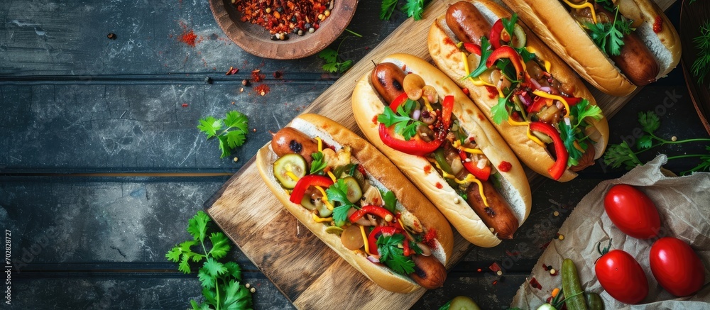 Poster Hot dogs on a wooden board surrounded by spices and vegetables such as tomatoes peppers and onions. with copy space image. Place for adding text or design