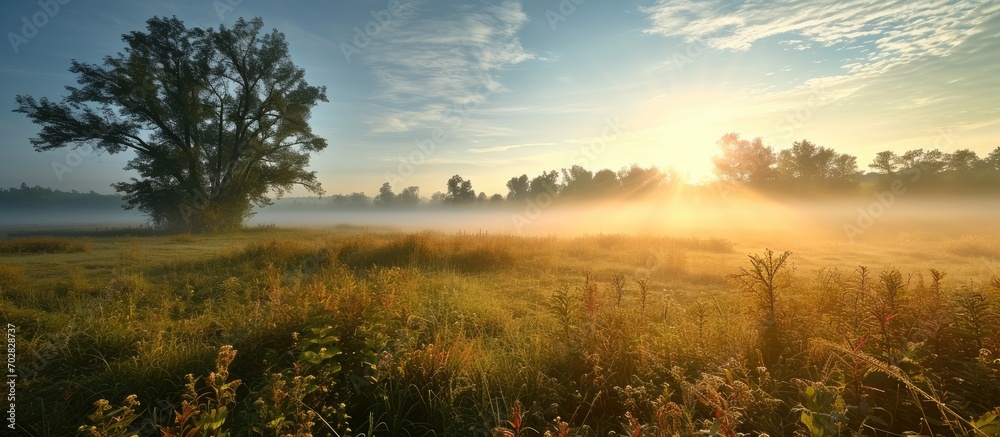 Aufkleber Landscape of morning fog in the field with bright sun on the background Misty morning in countryside field. with copy space image. Place for adding text or design
