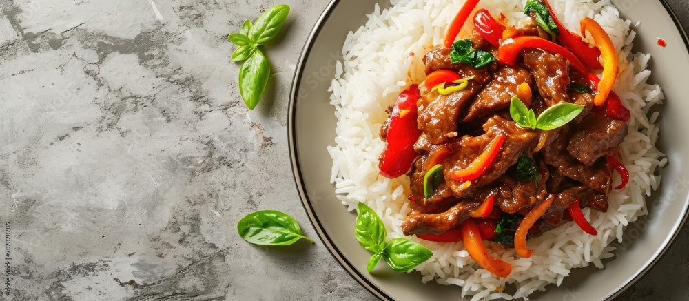 Poster Homemade Chinese Pepper Steak with White Rice. with copy space image. Place for adding text or design