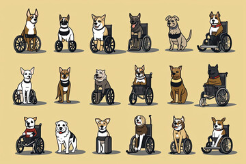 A set of images of cute dogs in wheelchairs. animals with paw defects.. Illustration of domestic animals.