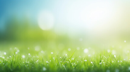 Fototapeta premium Beautiful sunny spring meadow with green grass and blue sky. Abstract background with light bokeh and space for text.