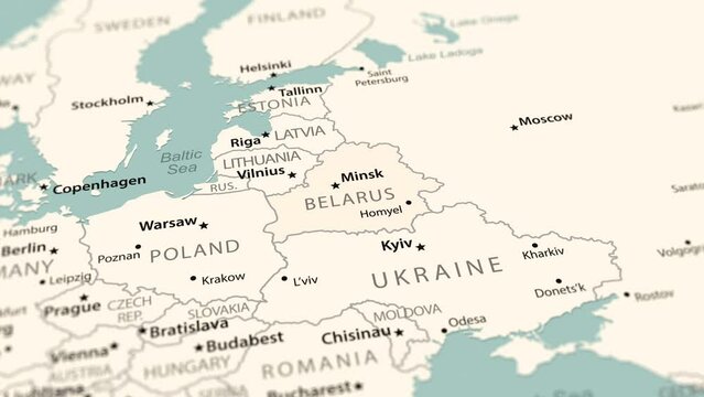 Belarus on the world map. Smooth map rotation. 4K animation.