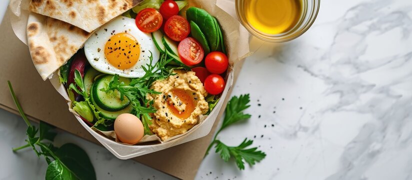 Healthy and nutricious lunch or snack boxes to go with hummus and pita eggs and vegetables. with copy space image. Place for adding text or design