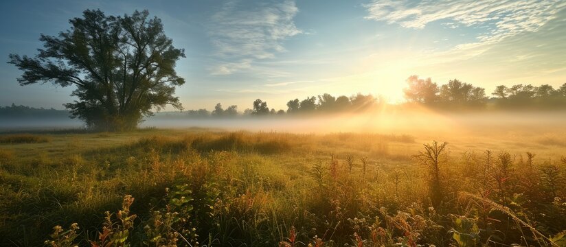 Landscape of morning fog in the field with bright sun on the background Misty morning in countryside field. with copy space image. Place for adding text or design