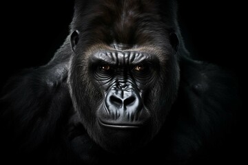 Portrait face powerful dominant male gorilla on black background, Beautiful Portrait of a Gorilla. severe silverback, anthropoid ape, stern face. isolated black background,Generative AI 