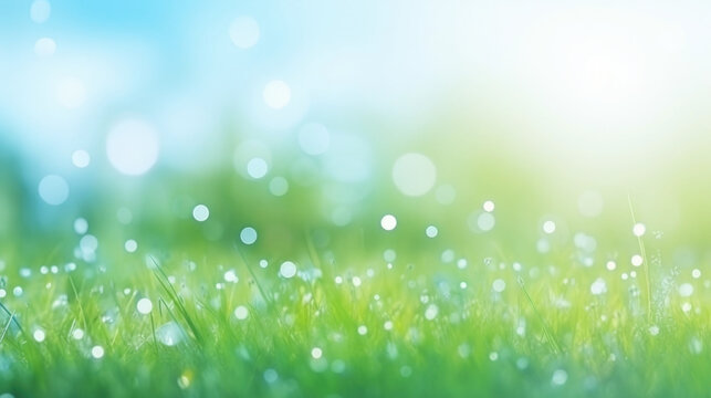 Beautiful sunny spring meadow with green grass and blue sky. Abstract background with light bokeh and space for text.