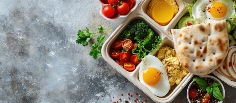 Healthy and nutricious lunch or snack boxes to go with hummus and pita eggs and vegetables. with copy space image. Place for adding text or design