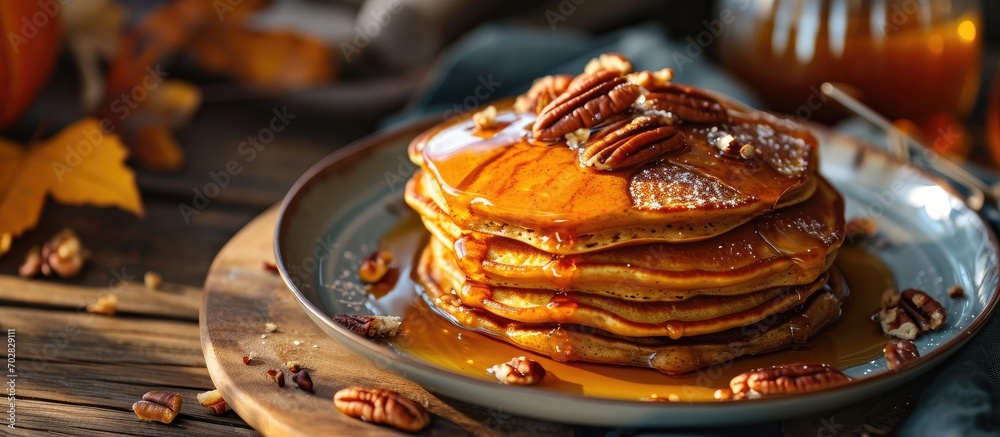 Poster homemade pumpkin pancakes with butter pecans and maple syrup. with copy space image. place for addin