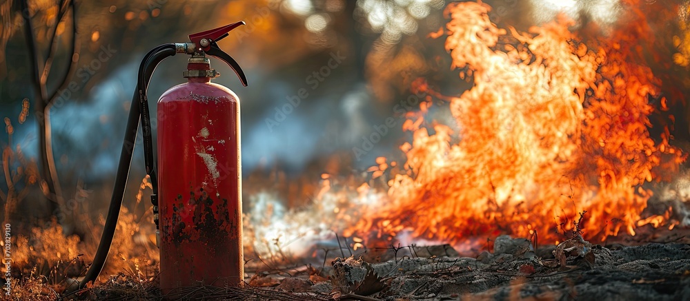 Poster Instructor showing how to use a fire extinguisher Gas tanks with fire during training. with copy space image. Place for adding text or design