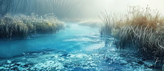 Foto op Canvas Hydrogen sulfide stagnant salt marsh Gas turns turbid blue in water on light All living things die in such an environment Algae mass dying. with copy space image. Place for adding text or design © vxnaghiyev