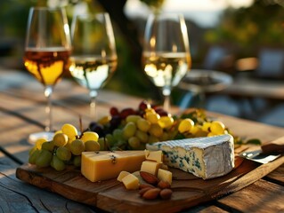 Cheese plate with glasses of white wine on table