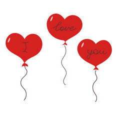 Balloons for Valentine's Day in the shape of hearts, vector illustration. Icon element on white background, hand drawn. Design for gifts, invitations, frames, banners, menus, labels and websites.