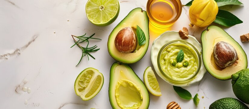 Homemade cosmetic mask with fresh avocado green lime slices fruits ingredients on white desktop jars with essential oil and honey skincare hair treatment. with copy space image
