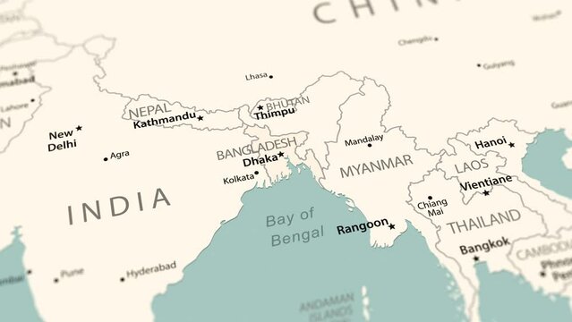 Bangladesh on the world map. Smooth map rotation. 4K animation.