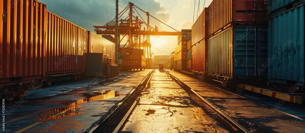 Poster Heavy Shipment Box Loading into Cargo Container Truck Parked Loading at Dock Warehouse. with copy space image. Place for adding text or design