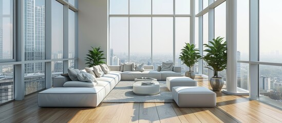 Obraz premium Interior modern penthouse empty living room with large windows. with copy space image. Place for adding text or design