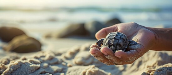 Hand holds up a baby sea turtle egg in Sri Lanka. with copy space image. Place for adding text or design