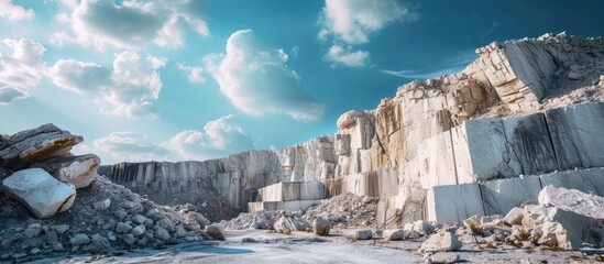 Industrial factory for limestone production under blue sky. with copy space image. Place for adding text or design - obrazy, fototapety, plakaty
