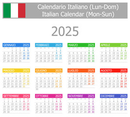 2025 Italian Type-1 Calendar Mon-Sun on white background