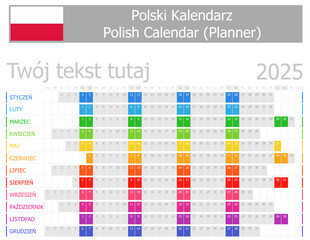 2025 Polish Planner Calendar with Horizontal Months on white background