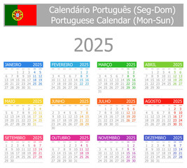 2025 Portuguese Type-1 Calendar Mon-Sun on white background