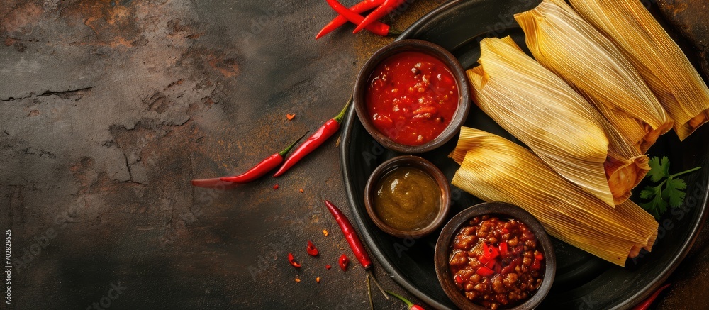 Poster mexican tamale tamales of corn leaves with chili and sauces. with copy space image. place for adding