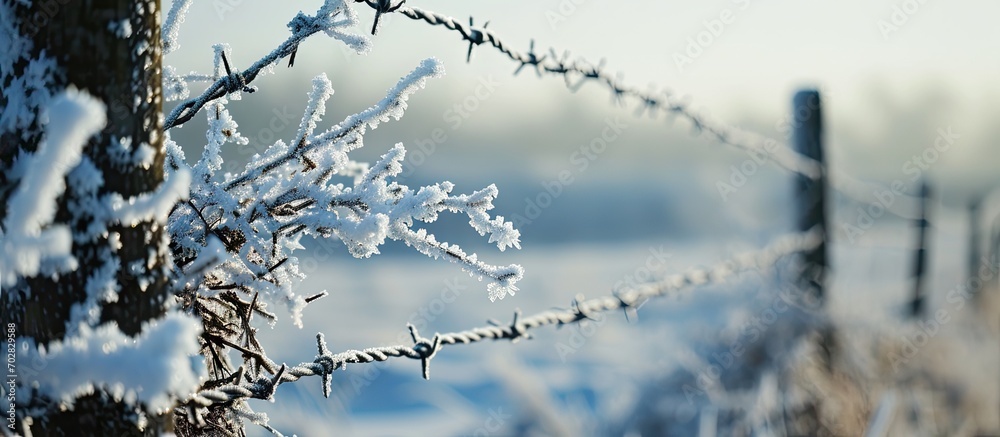 Poster icicles on barbed wire fence during freezing cold temperatures in winter season on farm. with copy s