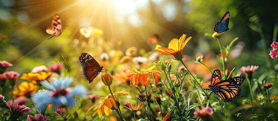 How beautifully beautiful butterflies are floating on red pink misty kheri colored flowers it looks very beautiful full of green nature around open sky shining sun around. with copy space image - obrazy, fototapety, plakaty