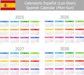 2025-2028 Spanish Type-1 Calendar Mon-Sun on white background