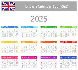 2025 English Type-1 Calendar Sun-Sat on white background