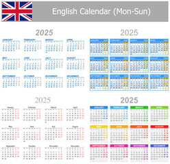 2025 English Mix Calendar Mon-Sun on white background - obrazy, fototapety, plakaty