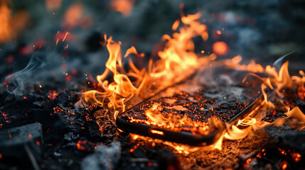Fire is burning cell phone. Flames are intense and dramatic, creating a striking atmosphere.