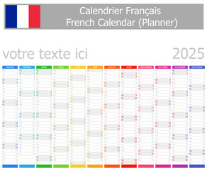 2025 French Planner Calendar with Vertical Months on white background