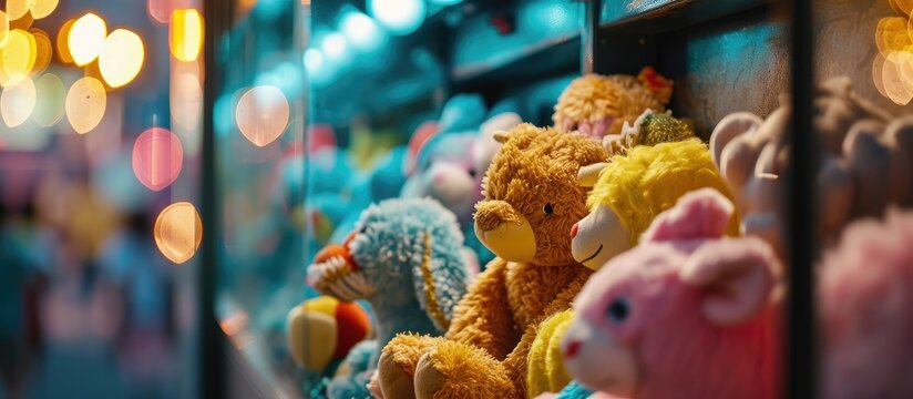 Image of soft toys inside a claw machine shot at a game zone. with copy space image. Place for adding text or design