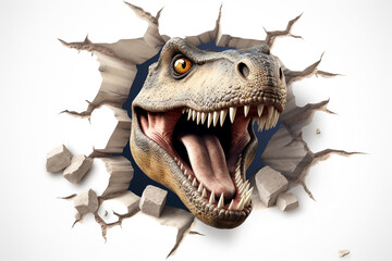 Funny T-Rex peeking out of a hole in the wall, torn hole, empty copy space frame, white background  
