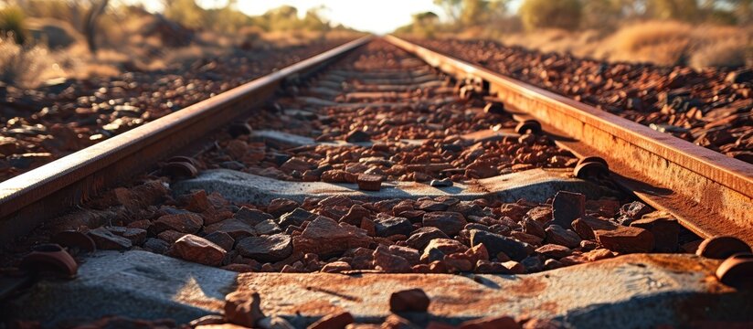 Iron Ore Train Rails Pilbara Australia. with copy space image. Place for adding text or design