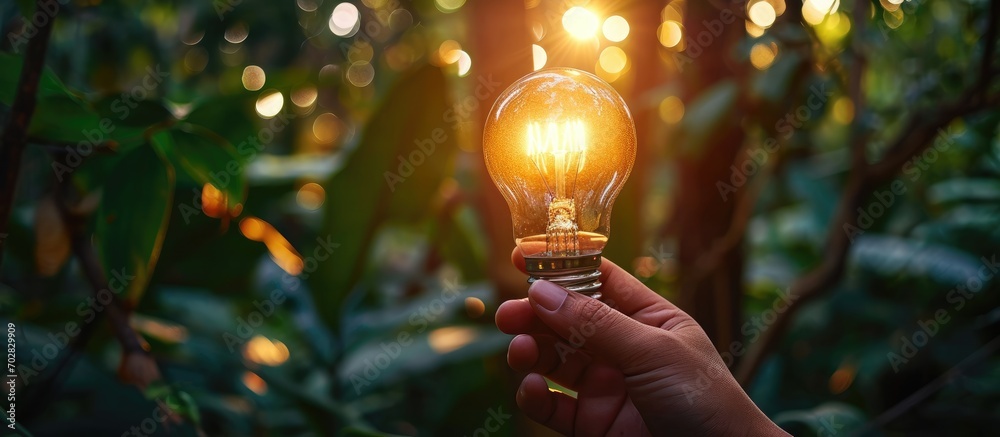 Aufkleber hand holding light bulb on tropical nature background ecology and environment concept energy of natu