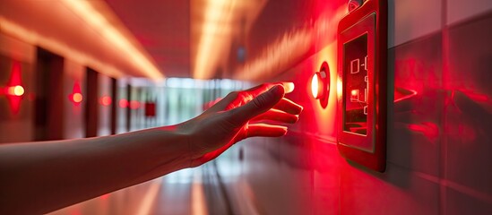 Man is reaching his hand to push fire alarm hand station. with copy space image. Place for adding text or design