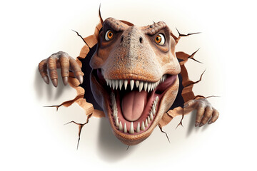 Funny T-Rex peeking out of a hole in the wall, torn hole, empty copy space frame, white background  
