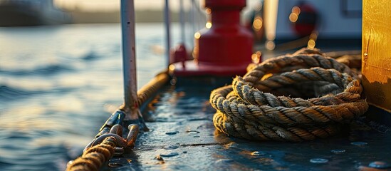 mooring rope and winch on the deck of a commercial ship mechanical device equipment for ship mooring in port. with copy space image. Place for adding text or design - obrazy, fototapety, plakaty