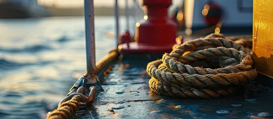 Foto op Canvas mooring rope and winch on the deck of a commercial ship mechanical device equipment for ship mooring in port. with copy space image. Place for adding text or design © vxnaghiyev