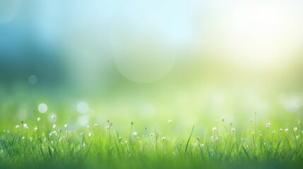Fototapeta na wymiar Beautiful sunny spring meadow with green grass and blue sky. Abstract background with light bokeh and space for text.