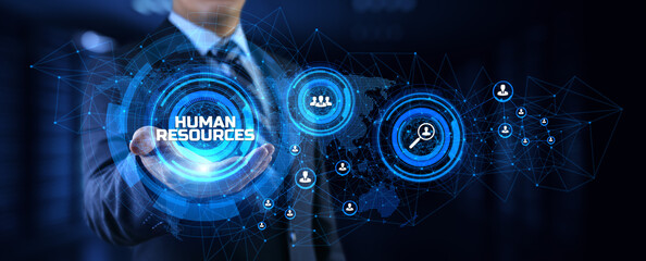 HR Human resources management Recruitment Headhunting. Businessman pressing button on screen.