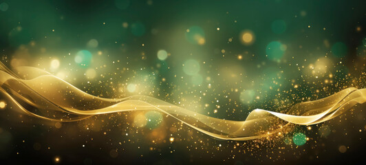 Waves of golden sparkles, shiny glitter bokeh lights on green background