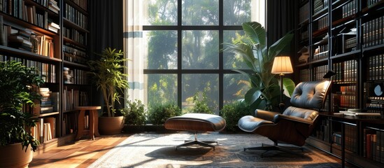 Modern interior with cozy reading corner with black bookcase blue armchair pouf and big window with blinds. with copy space image. Place for adding text or design