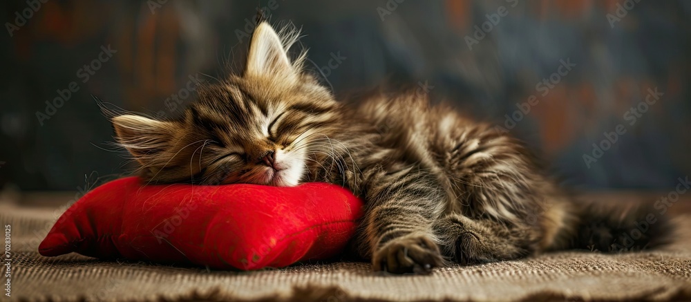 Poster Little kitten sleeping on the red heart shaped pillow. with copy space image. Place for adding text or design
