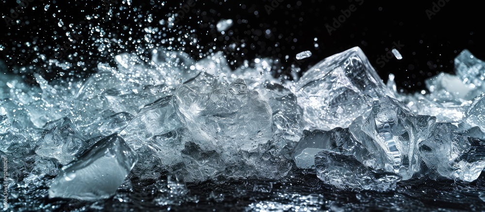 Leinwandbilder Hole in the ice a breakthrough on black background Shards of crushed ice spread away The explosion of ice Ice with cracks. with copy space image. Place for adding text or design
